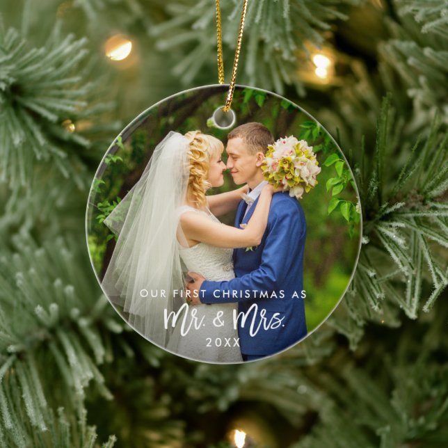 Första jul, mr. & Mrs Photo Brush Script R Julgransprydnad Keramik (Träd)