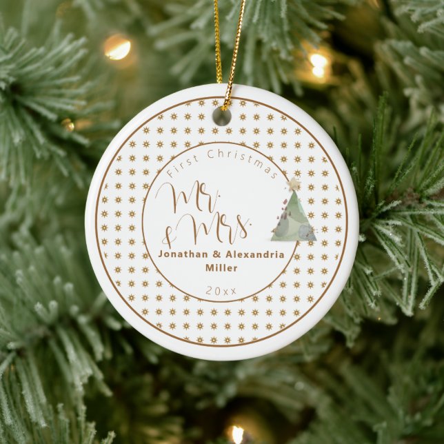 Första jul, mr & Mrs. | Vattenfärg Träd Julgransprydnad Keramik (Träd)