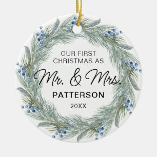Första jul: Mr & Mrs Winter Blommigt Photo Namn Julgransprydnad Keramik