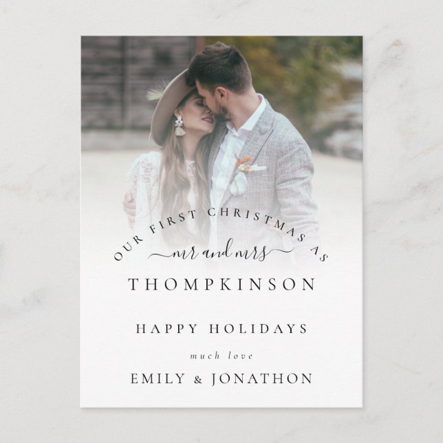 Första jul Mr. och Mrs. Photo Namn. Helg Vykort (Framsida)
