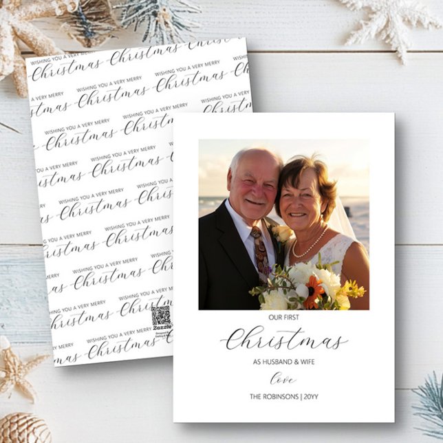 Första jul Mr. och Mrs. Simple Square Photo Julkort (Our first christmas as husband and wife Christmas Photo Card by Darling & May)