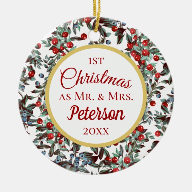 Första jul Mr. och Red Blue Berries Cerami Julgransprydnad Keramik (Framsidan)