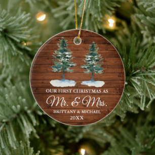 Första jul Mr. och Rustic Wood Two Gräs Julgransprydnad Keramik