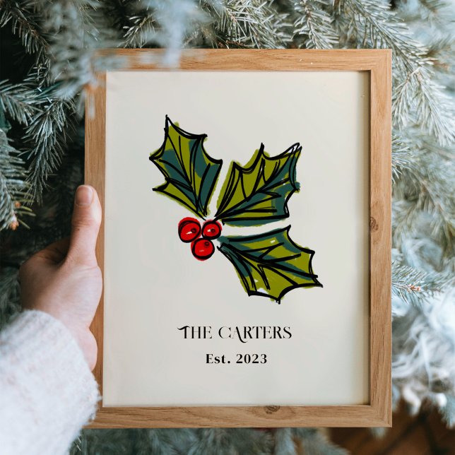 Första jul - nya hem Holly Berries Keepsaké Poster (Holly berries Christmas holiday sketch illustration personalized art print poster.)