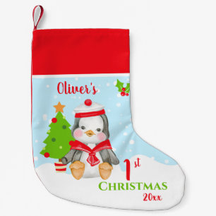 Första jul Pojke Penguin Liten Julstrumpa