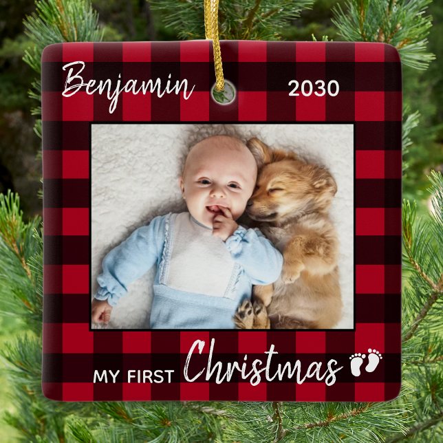 Första jul Red Buffalo Play Cute Baby Photo Julgransprydnad Keramik (Skapare uppladdad)