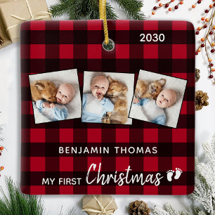 Första jul Röd Buffalo Play 3 Photo Baby Julgransprydnad Keramik