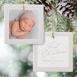 Första jul rosa seersucker ram söt foto julgransprydnad keramik