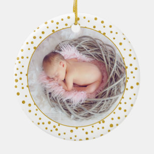 Första jul som bilfoto för morföräldrar i guld julgransprydnad keramik