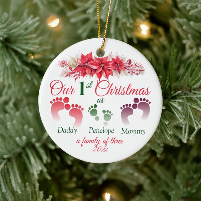 Första jul som en familj av 3 Poinsettia Julgransprydnad Keramik (Träd)