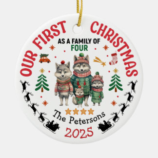 Första jul som en familj med fyra anpassade namn julgransprydnad keramik