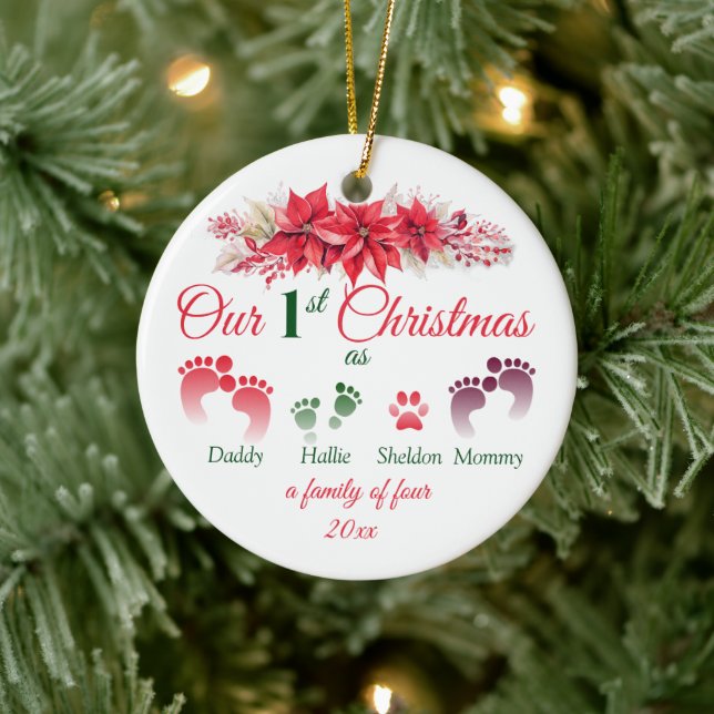 Första jul som en familj på 4 Poinsettia Julgransprydnad Keramik (Träd)