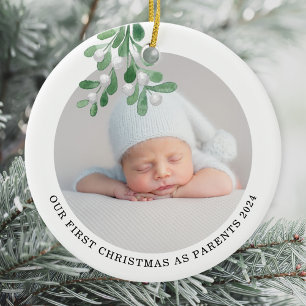 Första jul som föräldrafoto - vattenfärg julgransprydnad keramik