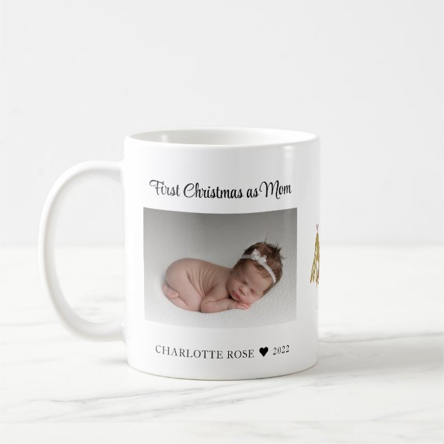 Första jul som fotfoto i Mamma Nyfödd bebis Kaffemugg (Vänster)