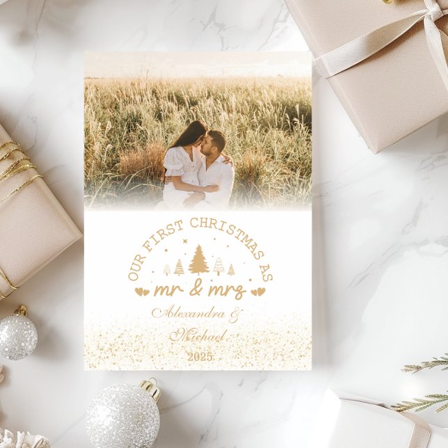 Första jul som fotografi av Mr. och Mrs. guld Julkort (Skapare uppladdad)