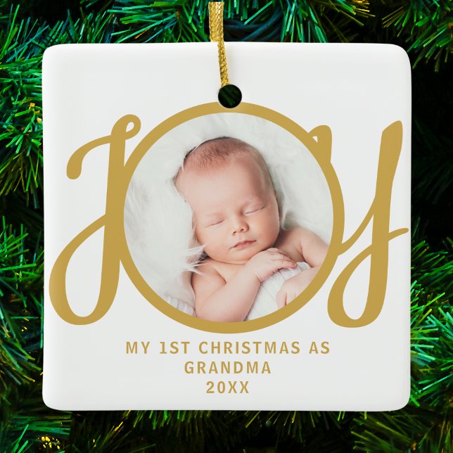 Första jul som Grandma Photo Guld skript Julgransprydnad Keramik (Skapare uppladdad)
