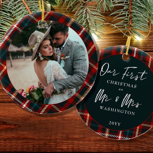 Första jul som herr och fru Tartan Play Photo Julgransprydnad Keramik (Skapare uppladdad)