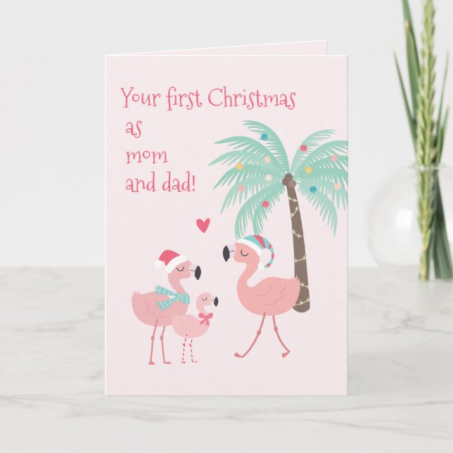 Första jul som Mamma och Pappa Cute Santa Flamingo Kort (Framsida)