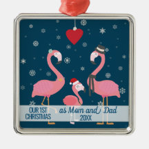 första jul som mamma- och pappaflamingosnöflingor