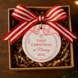 Första jul som Mamma Red Bow Line Art Julgransprydnad Keramik