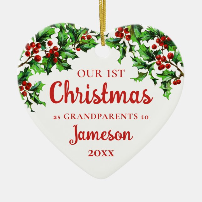 Första jul som morföräldrar Holly Heart Julgransprydnad Keramik (Framsidan)