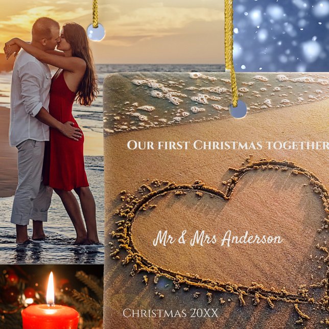 Första jul som Mr och Mrs. Ditt foto Julgransprydnad Keramik (Christmas ornament with your photo on one side and on the other an image of a heart on a beach)
