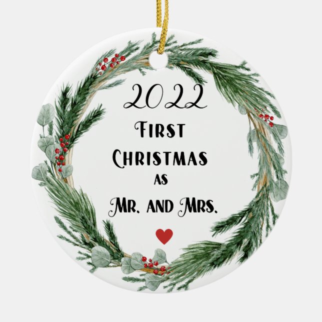 Första jul som Mr och Mrs. Julgransprydnad Keramik (Framsidan)