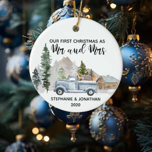 Första jul som mr och mrs Lastbil Rustic Julgransprydnad Keramik