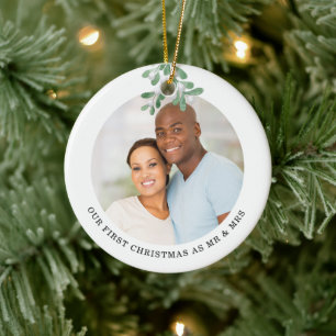 Första jul som Mr. och Mrs. Photo Mistletoe Julgransprydnad Keramik