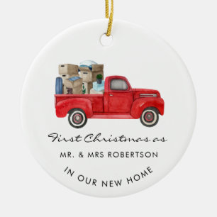 Första jul som Mr. och Red Lastbil New Home Julgransprydnad Keramik