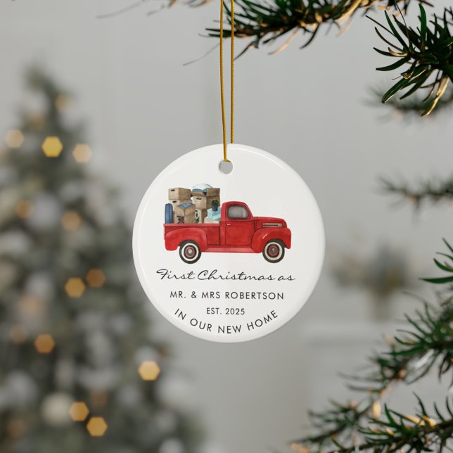 Första jul som Mr. och Red Lastbil New Home Julgransprydnad Keramik (First Christmas as Mr and Mrs Red Truck Ornament)