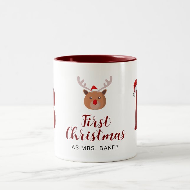 Första jul som Mrs. Familj Monogrammed Namn Två-Tonad Mugg (Center)