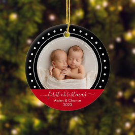 Första jul, svarta och röda prickar julgransprydnad keramik