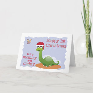 Första jul till mammor & pappan, gullig Dinosaur Helgkort