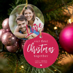 Första jul tillsammans med fotot på rosa kärlek-sk julgransprydnad keramik<br><div class="desc">Ladda upp ditt favoritfoto (helst fyrkantigt),  sätt in din text,  namn och datum och gör trendiget modernt rosa Julgran till en keepsaksgåva för att påminna dig om ditt förhållande,  din förlovning,  bröllop eller något annat pars årsdag!</div>