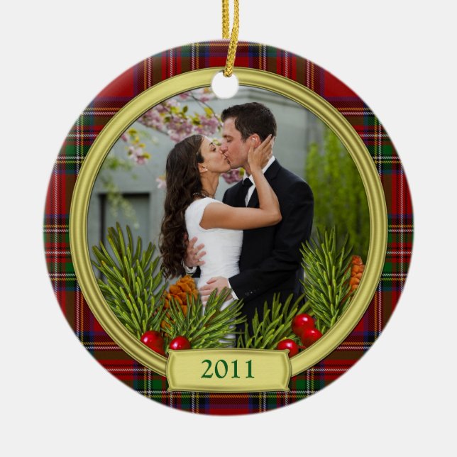 Första jul tillsammans Tartan Boughs Photo Julgransprydnad Keramik (Framsidan)