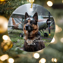 Första jul - tyska Shepherd Hund Pilot Funny Julgransprydnad Keramik