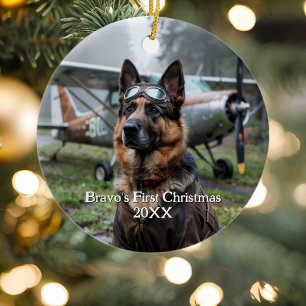 Första jul - tyska Shepherd Hund Pilot Funny Julgransprydnad Keramik