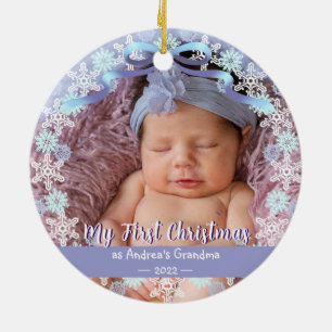 Första Julafton Grandma Snöflingor Soft Blue Lila Julgransprydnad Keramik