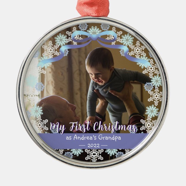 Första Julafton Grandpa Light Blue Lila Tone Snö Julgransprydnad Metall (Framsidan)