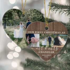 Första Julafton, Mr & Mrs. 4 Photo Rustic Faux Woo Julgransprydnad Keramik