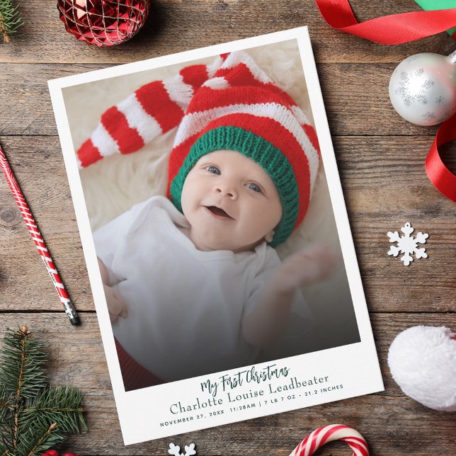 Första julbarn födelset foto modern julkort (Baby First Christmas Script Greetings Card)
