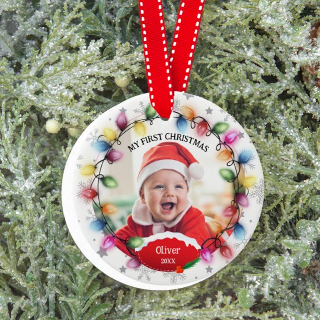 Första julbarnet 2-sidig två-foto-sak julgransprydnad keramik (Cute First Christmas Baby Ornament)