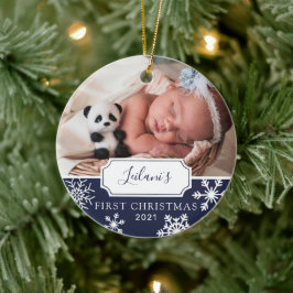 Första julbarnsfoto marinblå julgransprydnad keramik