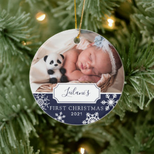 Första julbarnsfoto marinblå julgransprydnad keramik