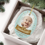 Första julblåfoto Baby och Namn Snö Globe Julgransprydnad Keramik<br><div class="desc">Magic guld snö globe och guld Magic stars baby först julfotot är ornament. Blått och guld baby,  första julhelgen,  kan man anpassa fotopaket i snö med ornament i baby namn,  året,  och ett foto på framsidan och ett på baksidan. Originaltecknade teckningar med hjälp av Moodthologipapper.</div>