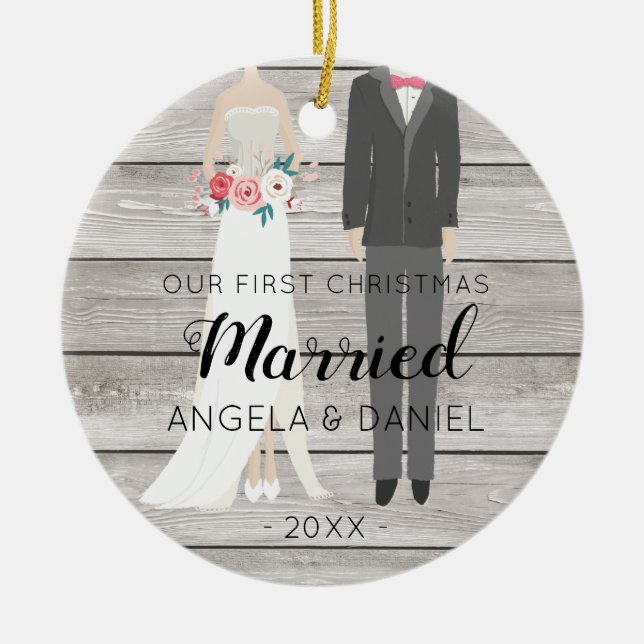 Första julbrud och brudgum för trä julgransprydnad keramik (Framsidan)