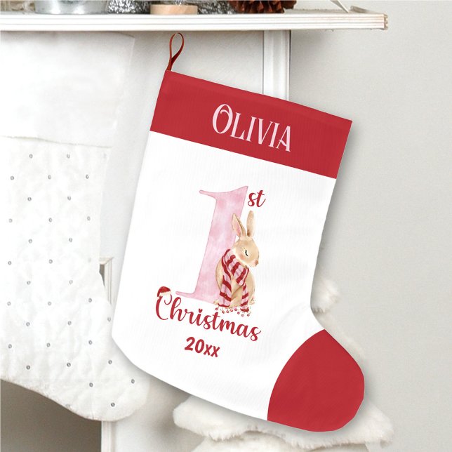 Första julbunten Flicka Red Rosa Namn Stor Julstrumpa (1st Christmas Bunny Baby Girl Red Pink Name Large Christmas Stocking)
