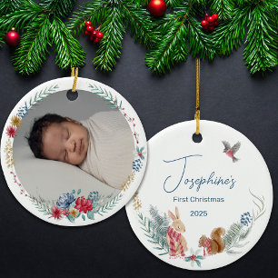Första juldagen Blommigt Woodland Animal Baby Phot Julgransprydnad Keramik