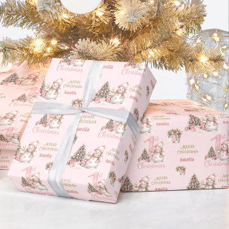 Första juldagen Rosa Vintage Snögubbe Girl Namn Presentpapper